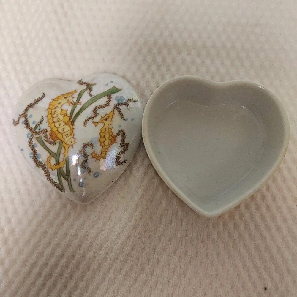 Heart shaped trinket box w sea horses Design by Dorothe Ocean life irridescent